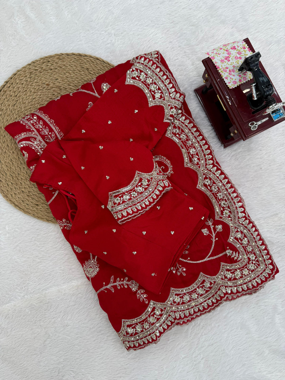 Vichitra Silk Saree with Elegant Thread & Sequin Embroidery