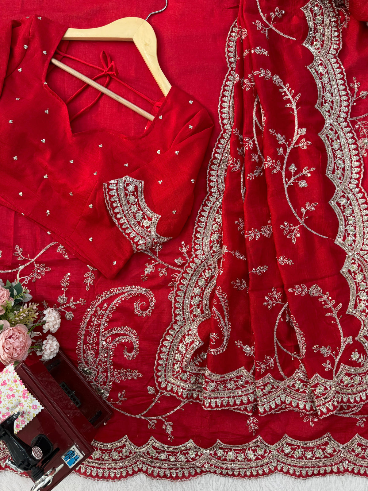 Vichitra Silk Saree with Elegant Thread & Sequin Embroidery