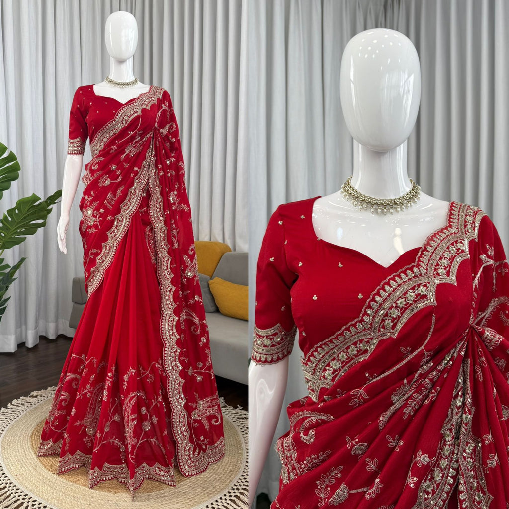 Vichitra Silk Saree with Elegant Thread & Sequin Embroidery