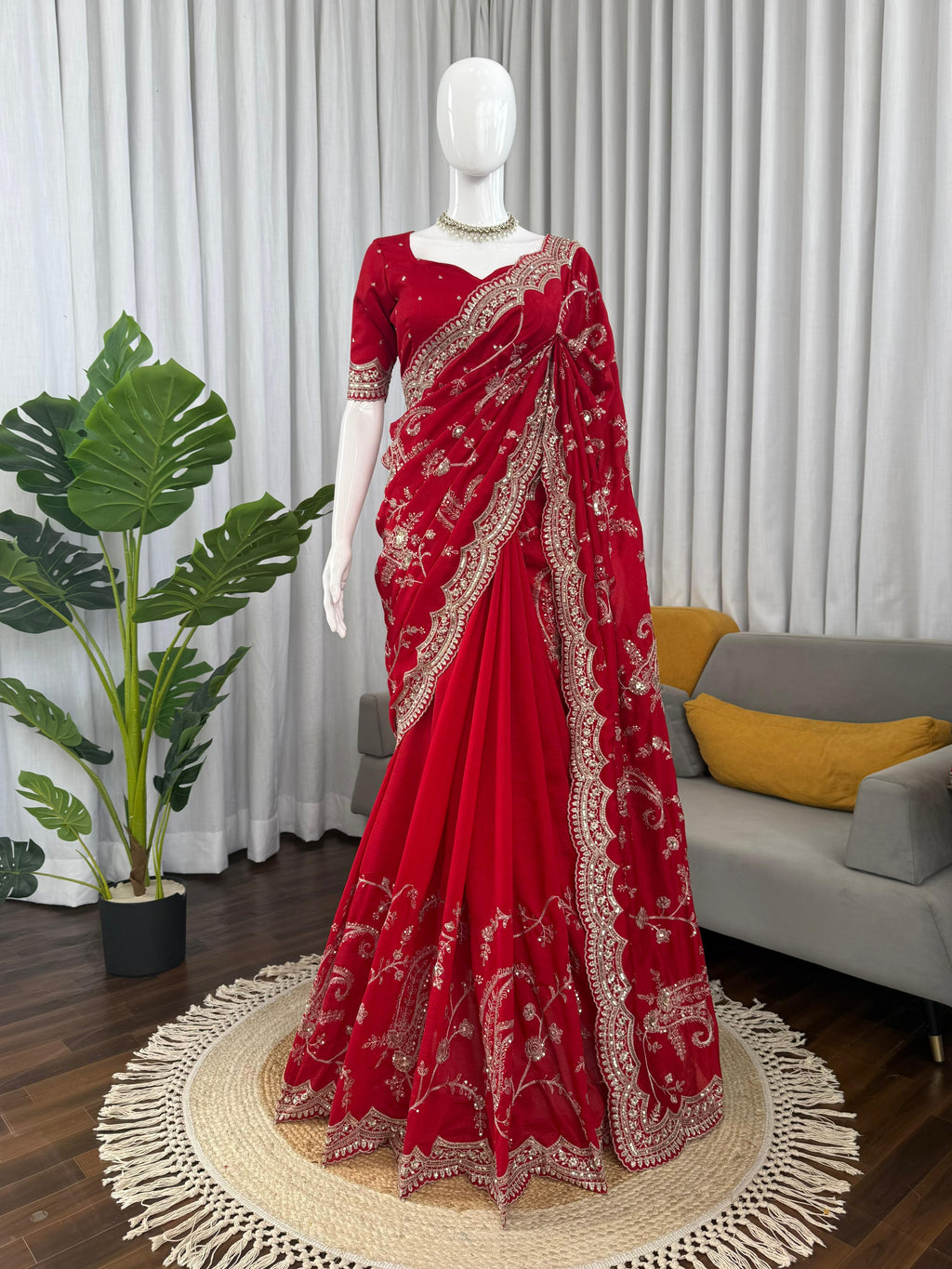 Vichitra Silk Saree with Elegant Thread & Sequin Embroidery