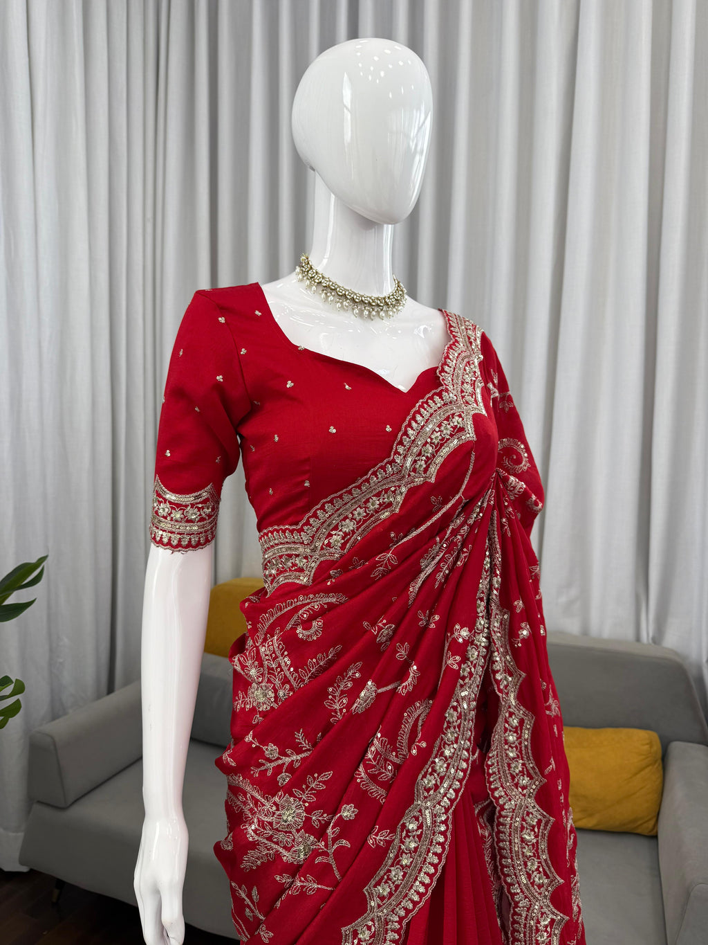 Vichitra Silk Saree with Elegant Thread & Sequin Embroidery