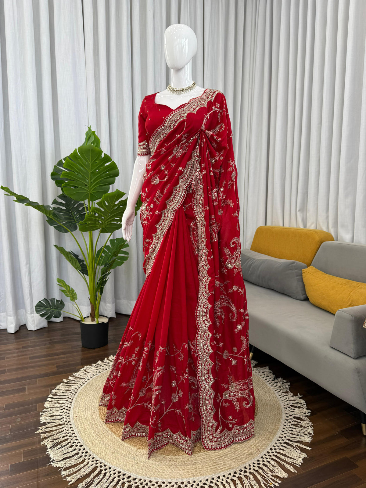 Vichitra Silk Saree with Elegant Thread & Sequin Embroidery