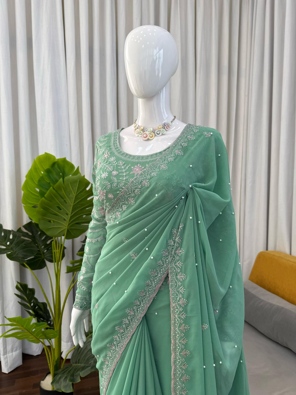 Faux Georgette Saree with Pearl, Thread & Sequin Work Full Sleeve Embroidered Blouse
