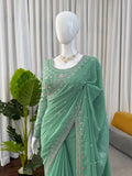 Faux Georgette Saree with Pearl, Thread & Sequin Work Full Sleeve Embroidered Blouse