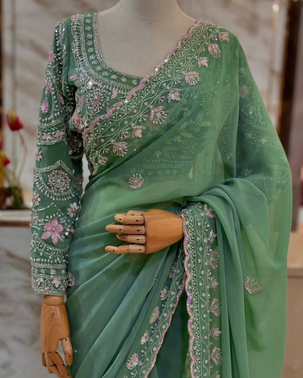 Faux Georgette Saree with Pearl, Thread & Sequin Work Full Sleeve Embroidered Blouse