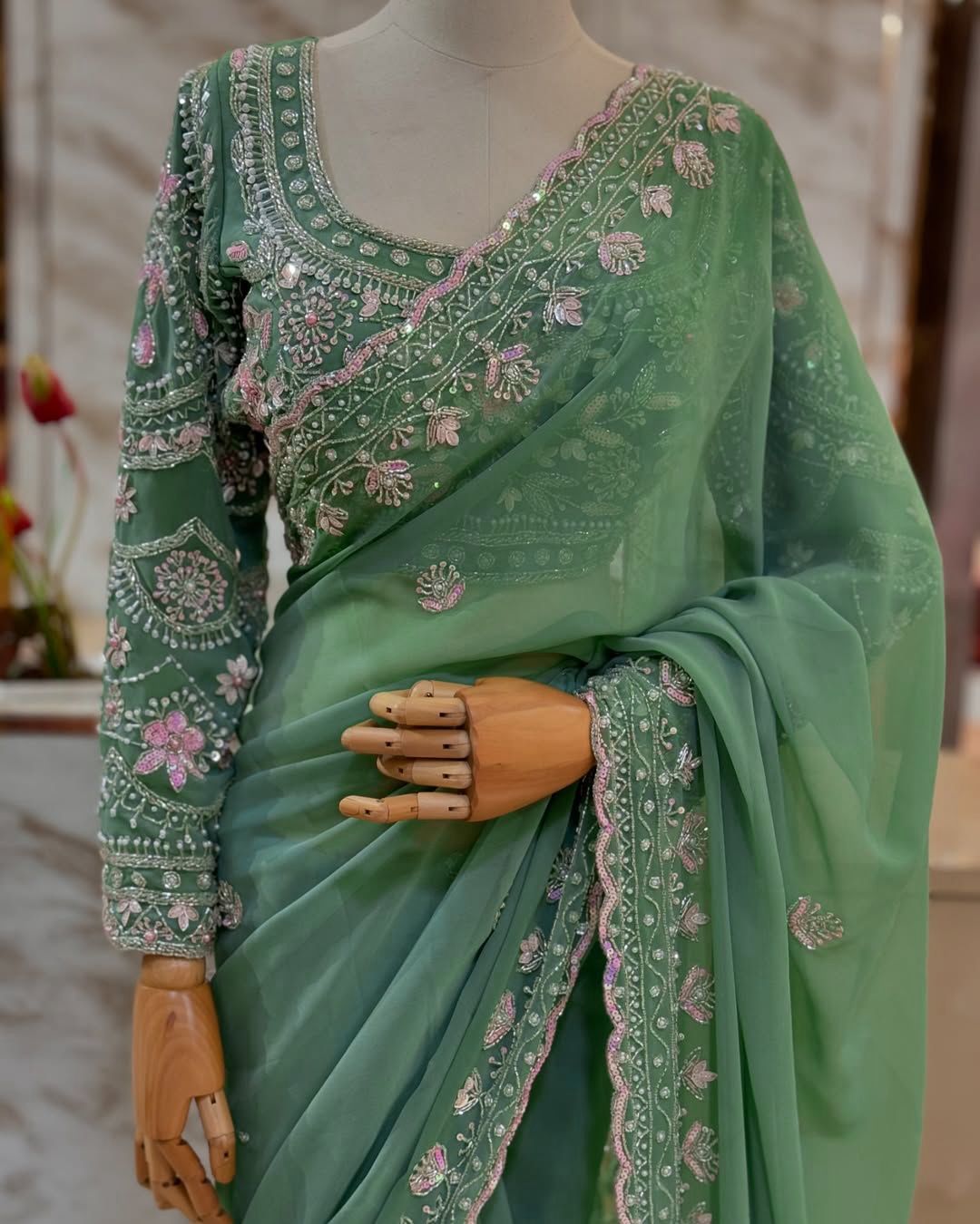 Faux Georgette Saree with Pearl, Thread & Sequin Work Full Sleeve Embroidered Blouse