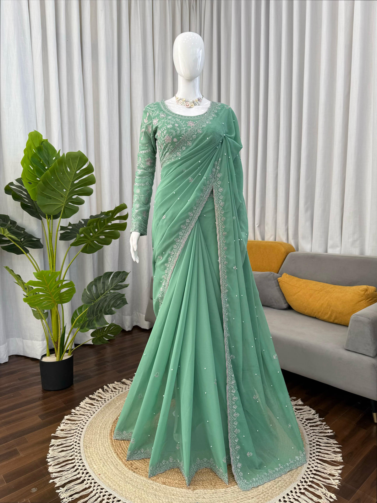 Faux Georgette Saree with Pearl, Thread & Sequin Work Full Sleeve Embroidered Blouse