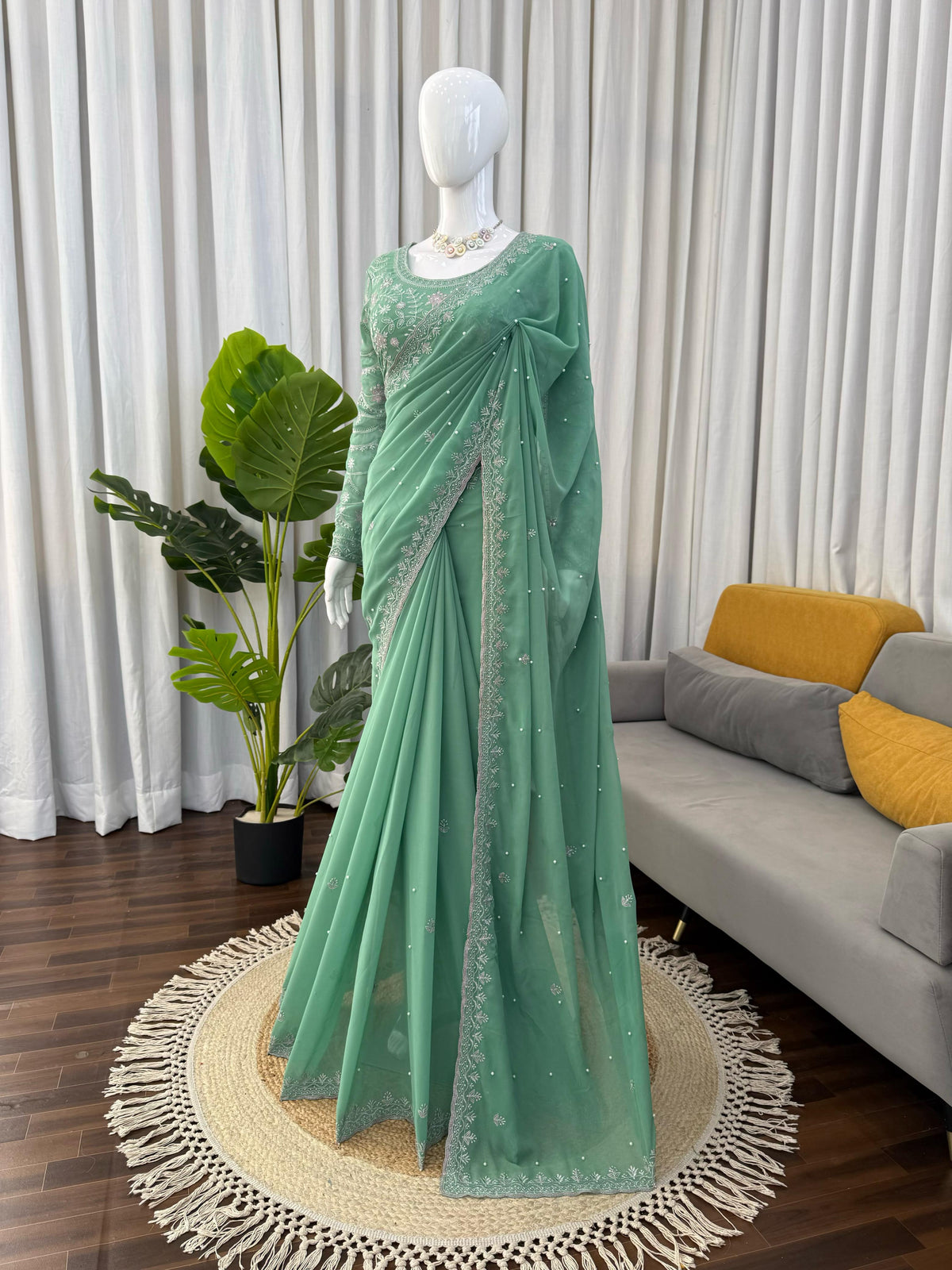Faux Georgette Saree with Pearl, Thread & Sequin Work Full Sleeve Embroidered Blouse