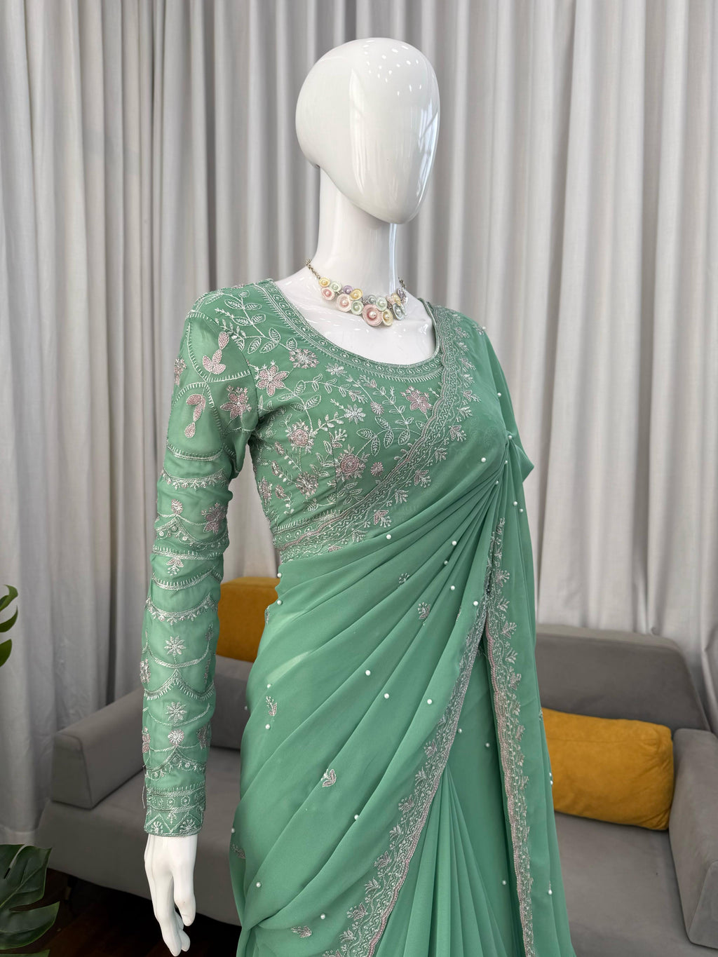 Faux Georgette Saree with Pearl, Thread & Sequin Work Full Sleeve Embroidered Blouse