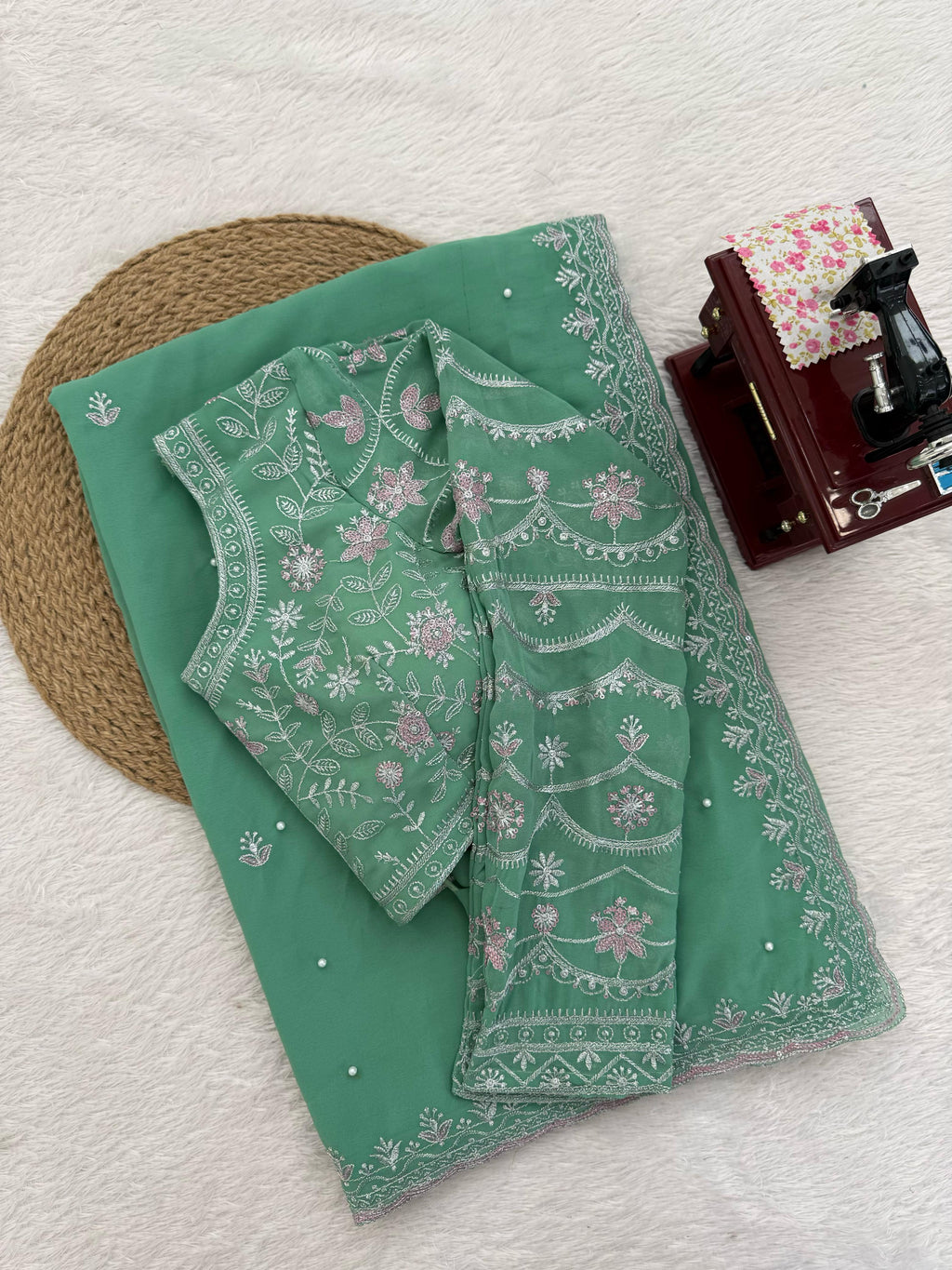 Faux Georgette Saree with Pearl, Thread & Sequin Work Full Sleeve Embroidered Blouse