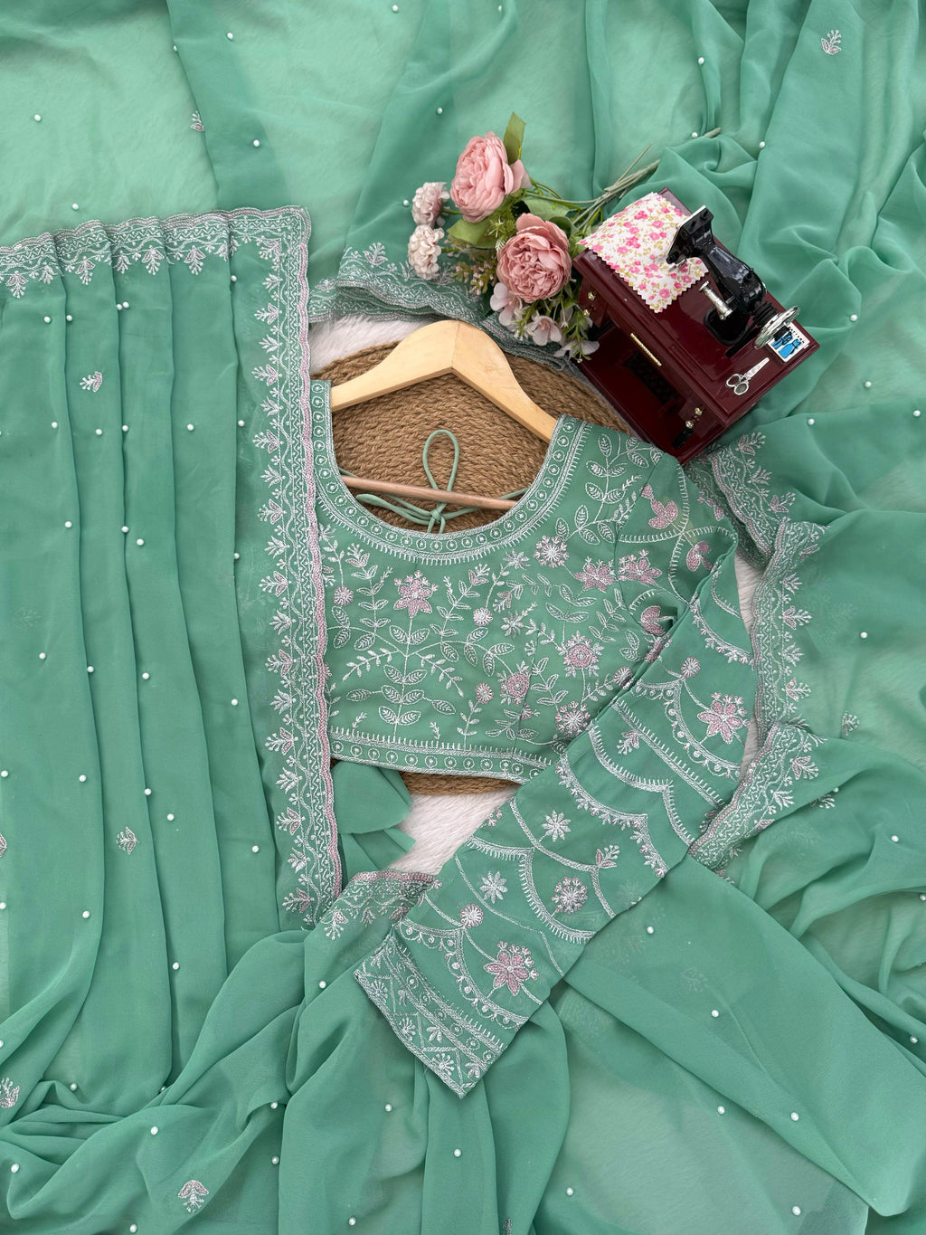 Faux Georgette Saree with Pearl, Thread & Sequin Work Full Sleeve Embroidered Blouse