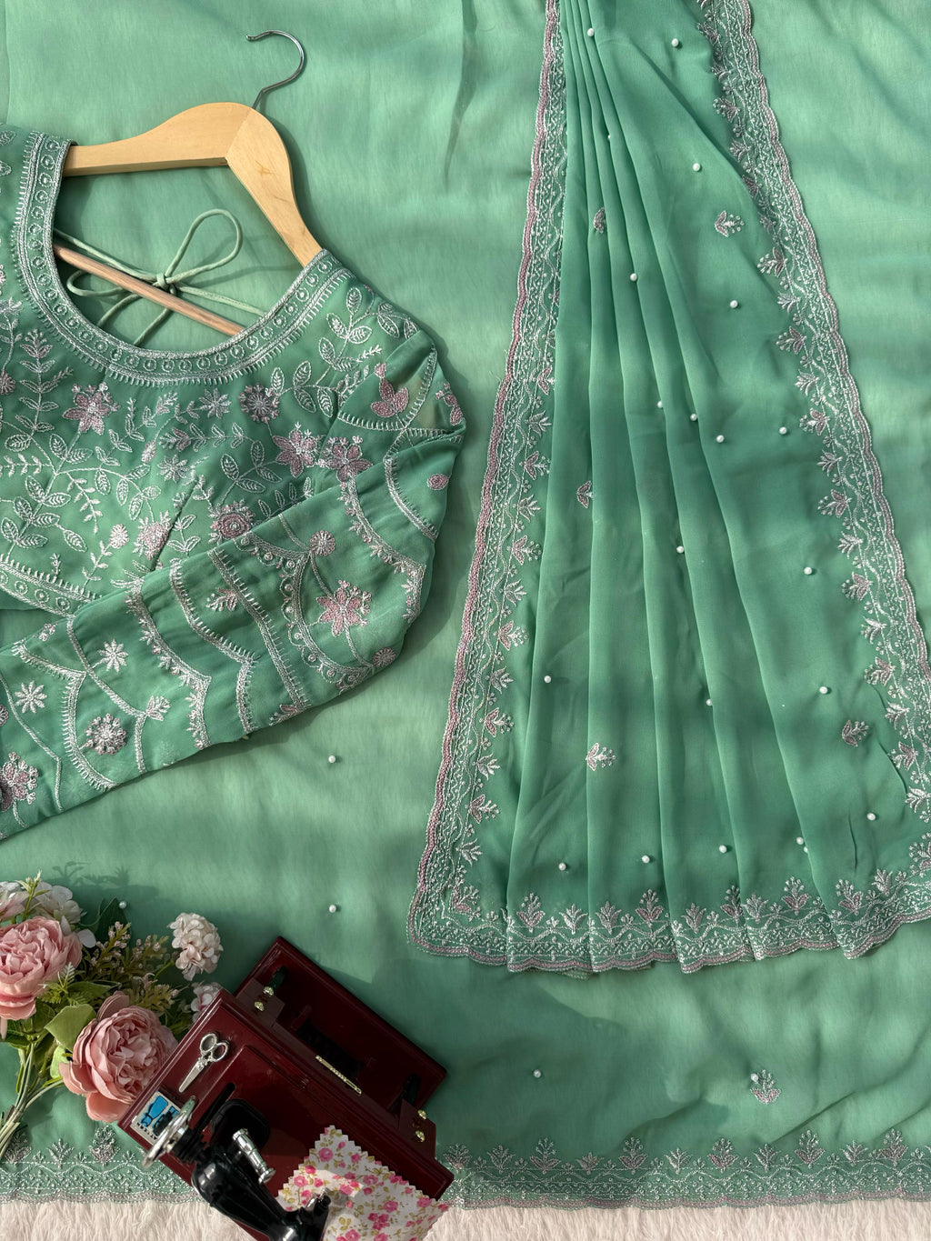 Faux Georgette Saree with Pearl, Thread & Sequin Work Full Sleeve Embroidered Blouse