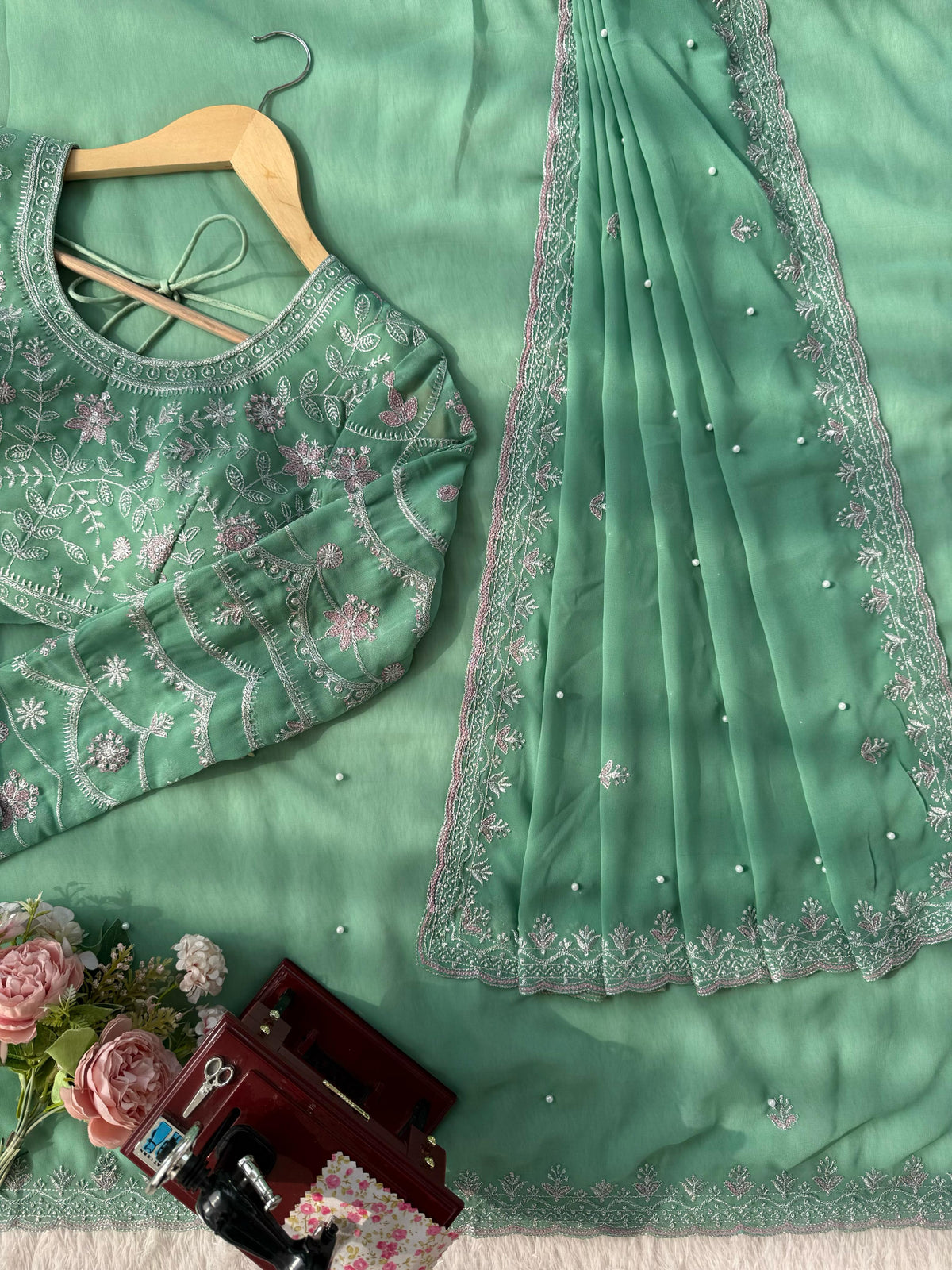 Faux Georgette Saree with Pearl, Thread & Sequin Work Full Sleeve Embroidered Blouse