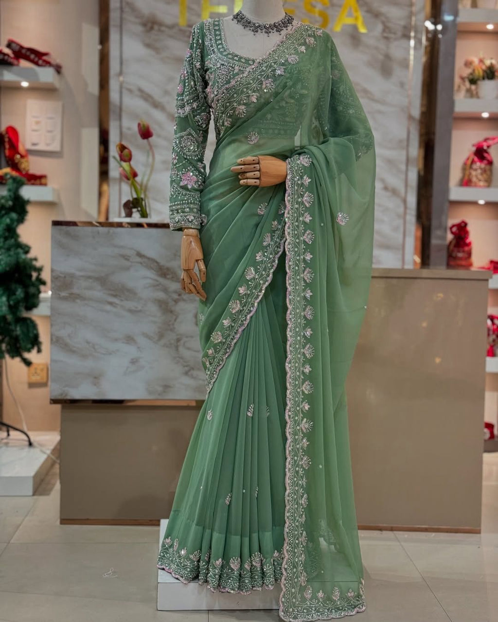 Faux Georgette Saree with Pearl, Thread & Sequin Work Full Sleeve Embroidered Blouse