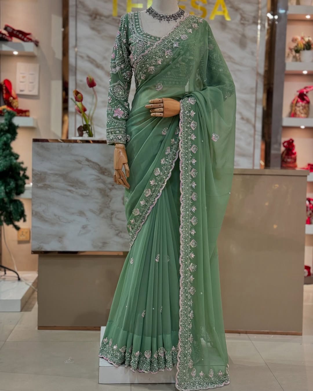 Faux Georgette Saree with Pearl, Thread & Sequin Work Full Sleeve Embroidered Blouse