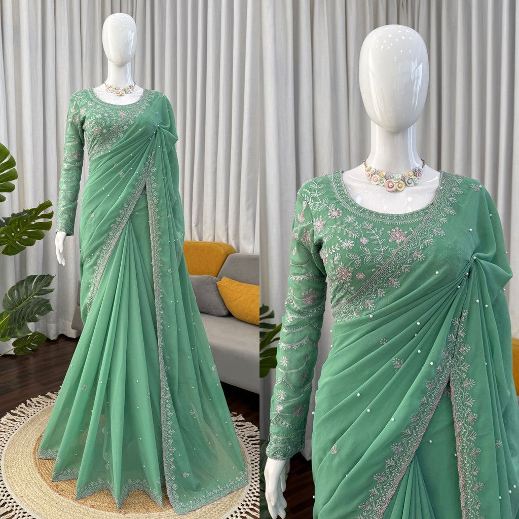 Faux Georgette Saree with Pearl, Thread & Sequin Work Full Sleeve Embroidered Blouse