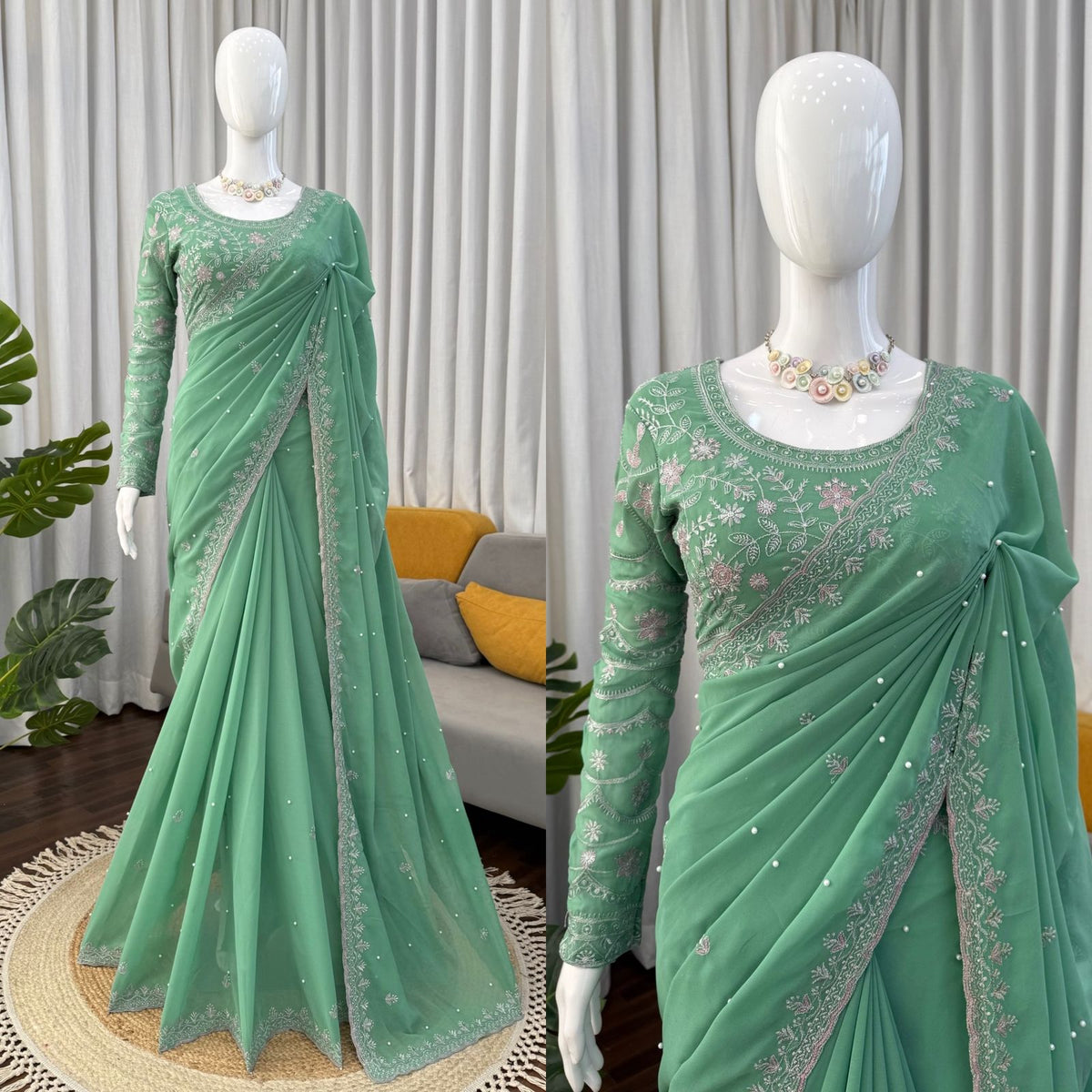 Faux Georgette Saree with Pearl, Thread & Sequin Work Full Sleeve Embroidered Blouse