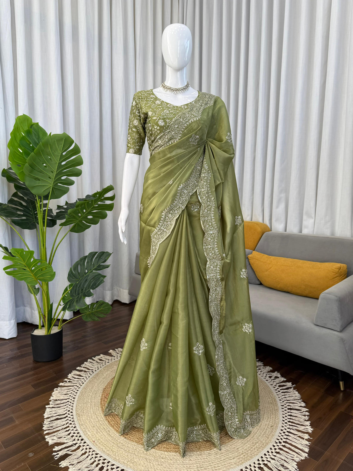 Jimmy Choo Designer Saree with Thread & Sequin Embroidery and Matching Blouse
