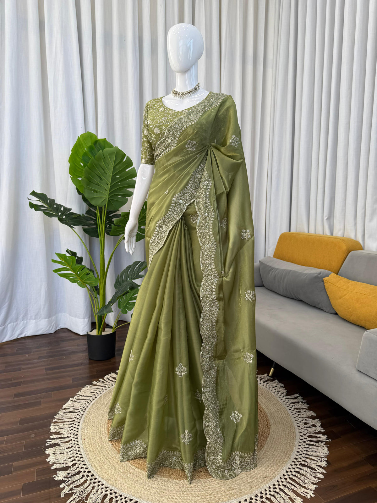 Jimmy Choo Designer Saree with Thread & Sequin Embroidery and Matching Blouse