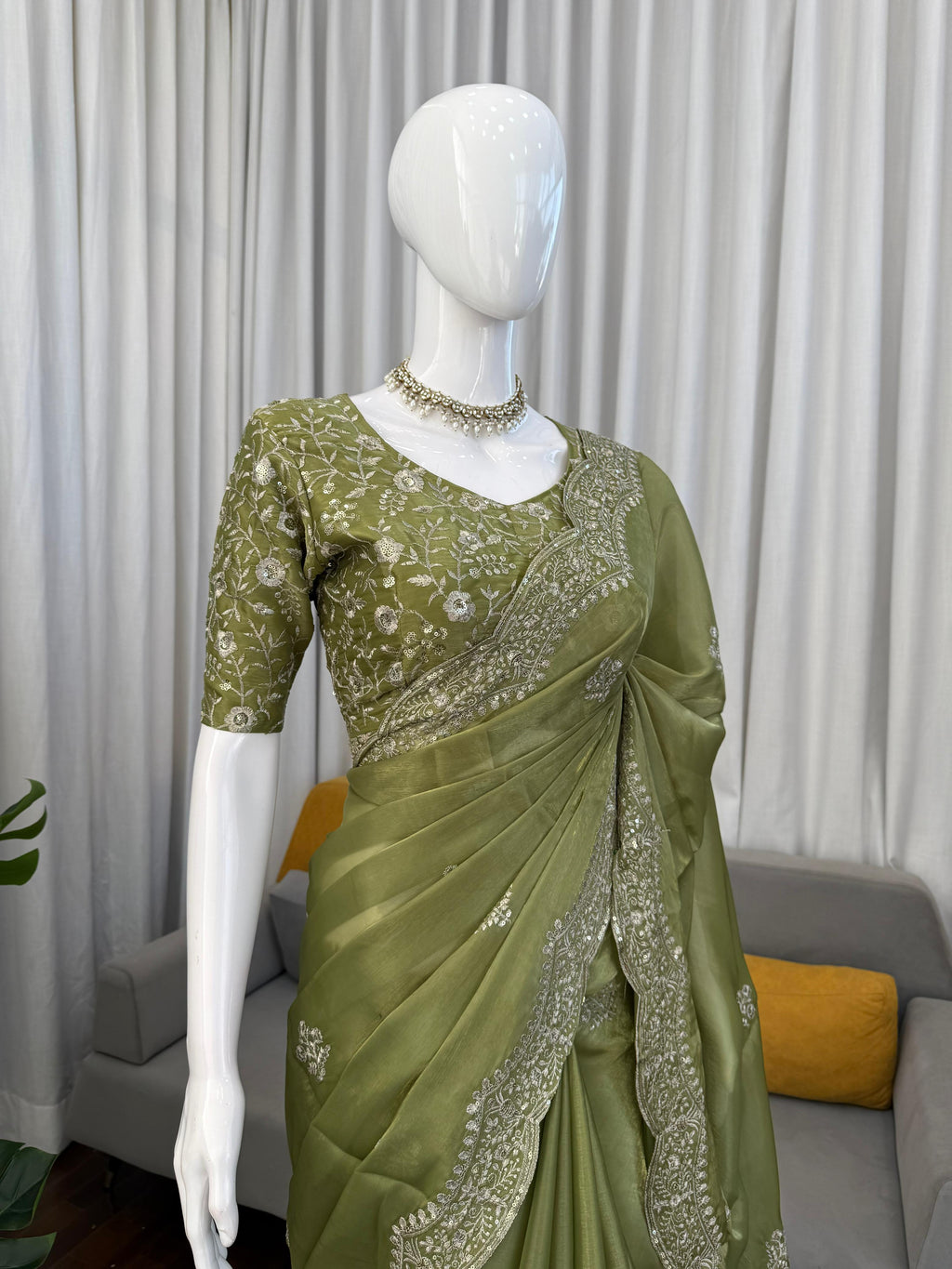 Jimmy Choo Designer Saree with Thread & Sequin Embroidery and Matching Blouse
