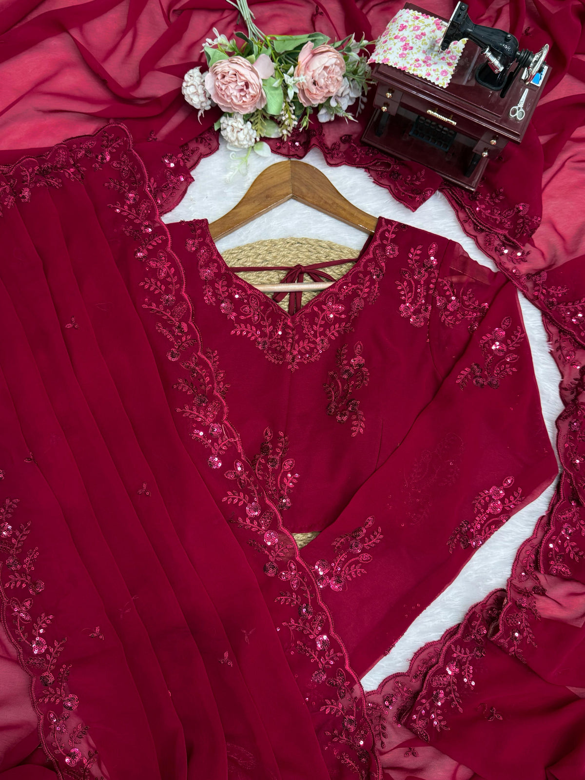 Faux Georgette Saree with Thread & Sequin Work and Embroidered Soft Net Dupatta