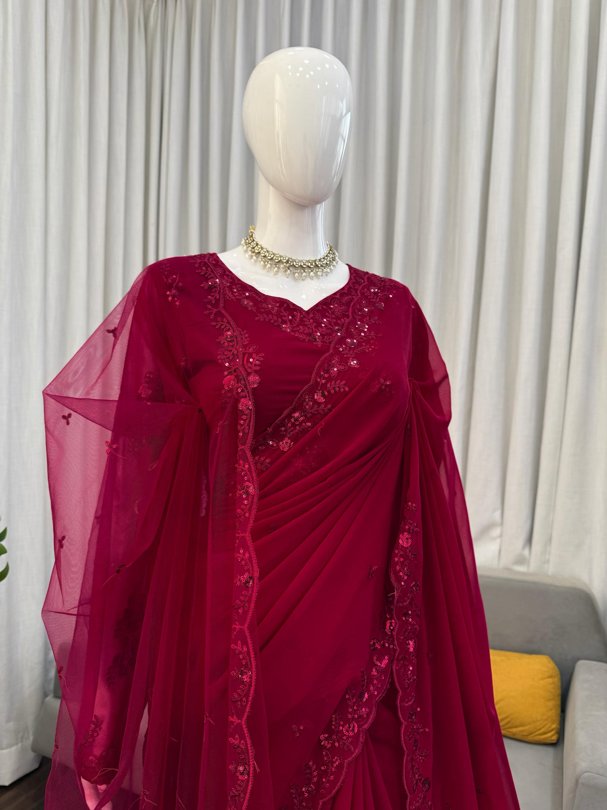 Faux Georgette Saree with Thread & Sequin Work and Embroidered Soft Net Dupatta