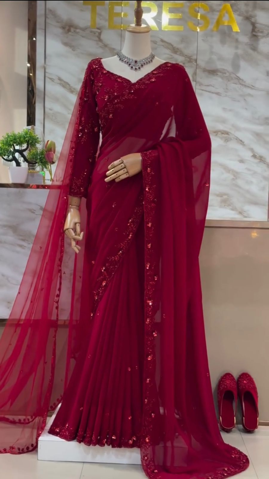 Faux Georgette Saree with Thread & Sequin Work and Embroidered Soft Net Dupatta