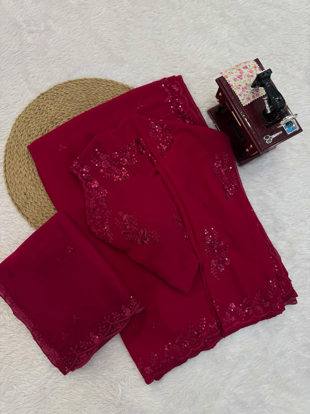 Faux Georgette Saree with Thread & Sequin Work and Embroidered Soft Net Dupatta