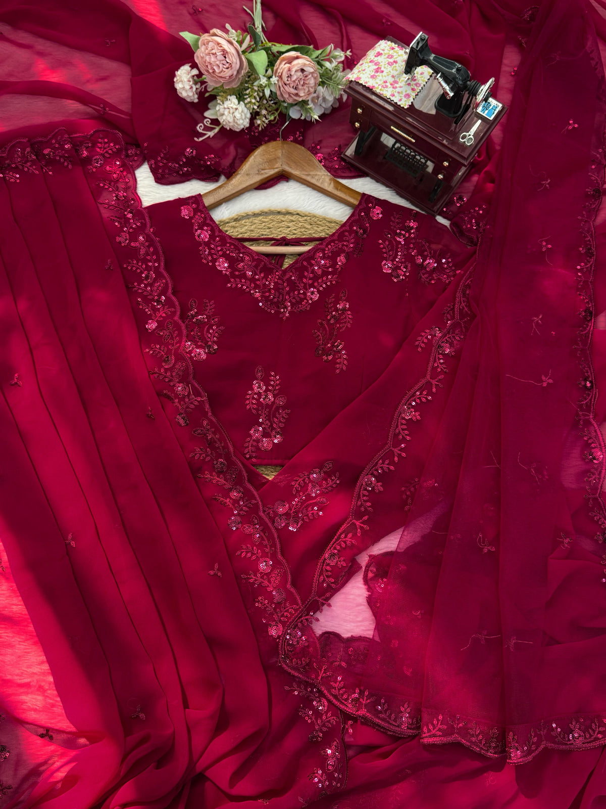 Faux Georgette Saree with Thread & Sequin Work and Embroidered Soft Net Dupatta