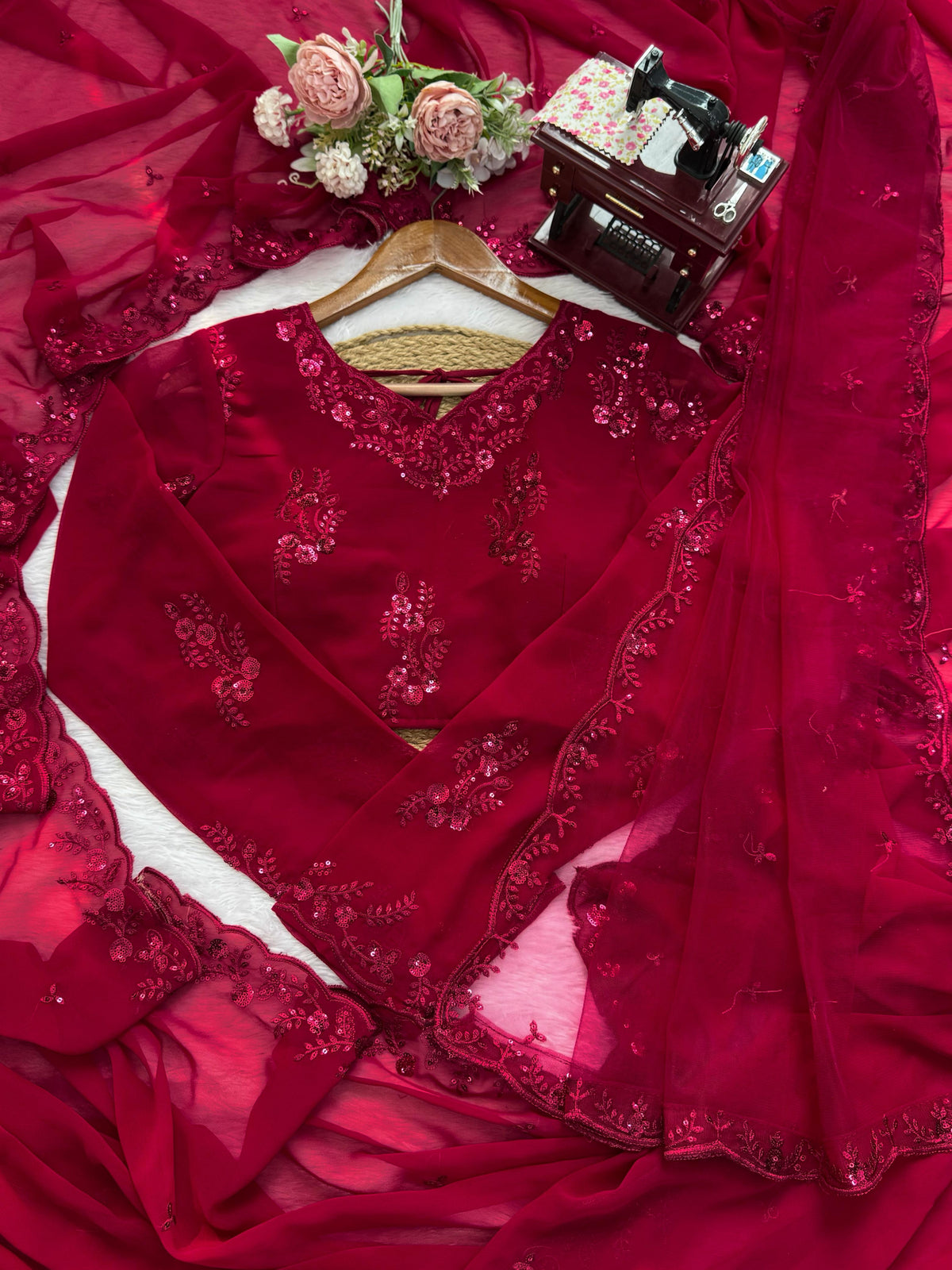 Faux Georgette Saree with Thread & Sequin Work and Embroidered Soft Net Dupatta