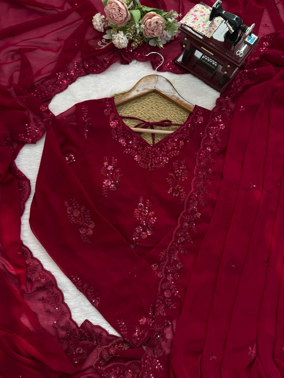 Faux Georgette Saree with Thread & Sequin Work and Embroidered Soft Net Dupatta