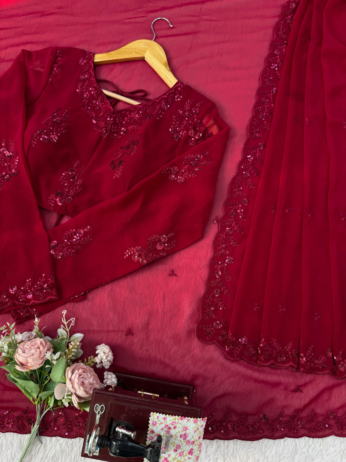 Faux Georgette Saree with Thread & Sequin Work and Embroidered Soft Net Dupatta