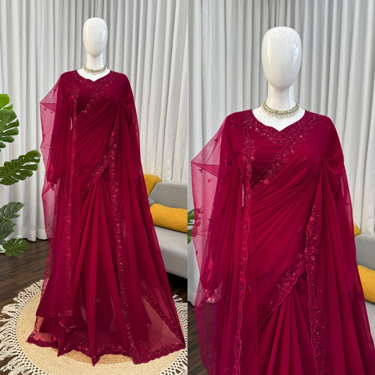 Faux Georgette Saree with Thread & Sequin Work and Embroidered Soft Net Dupatta
