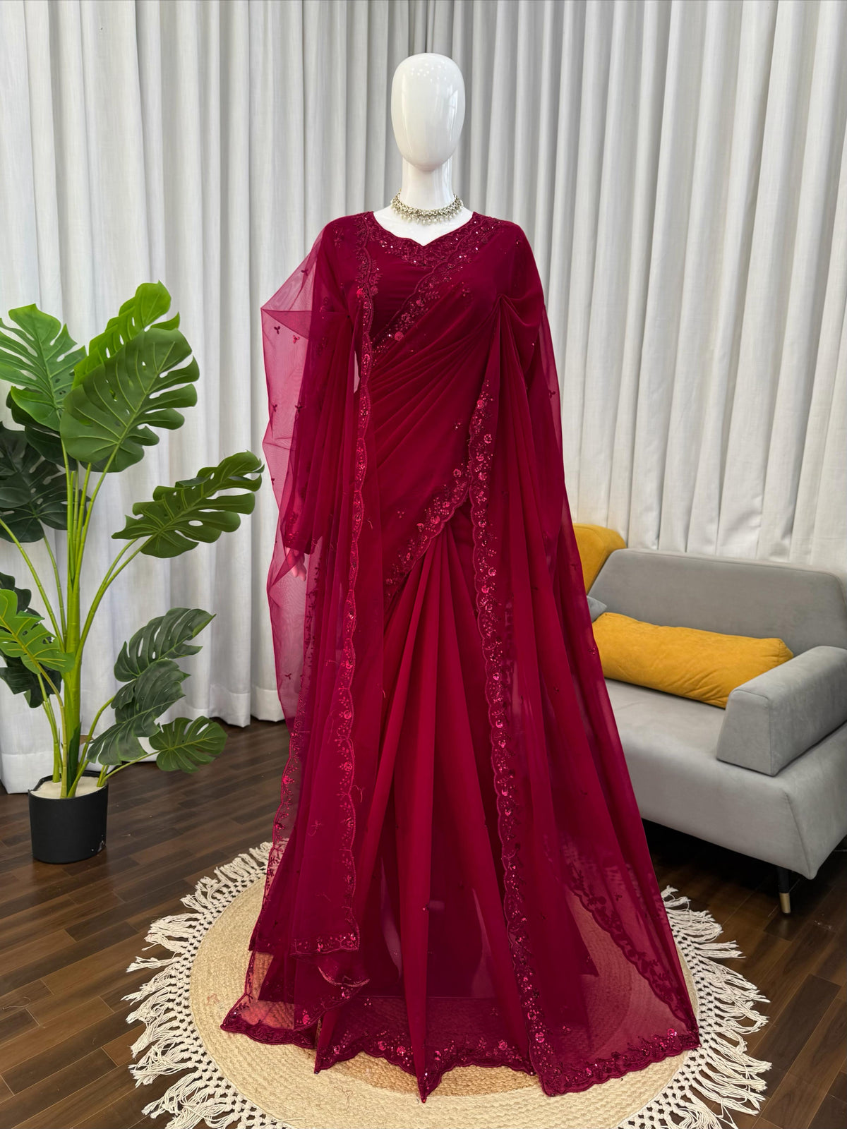 Faux Georgette Saree with Thread & Sequin Work and Embroidered Soft Net Dupatta