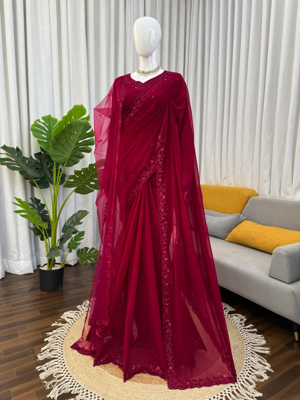 Faux Georgette Saree with Thread & Sequin Work and Embroidered Soft Net Dupatta