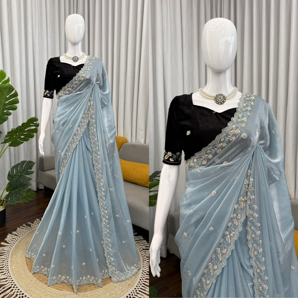 Fendy Silk Beaded Saree with Thread & Sequin Work and Velvet Blouse