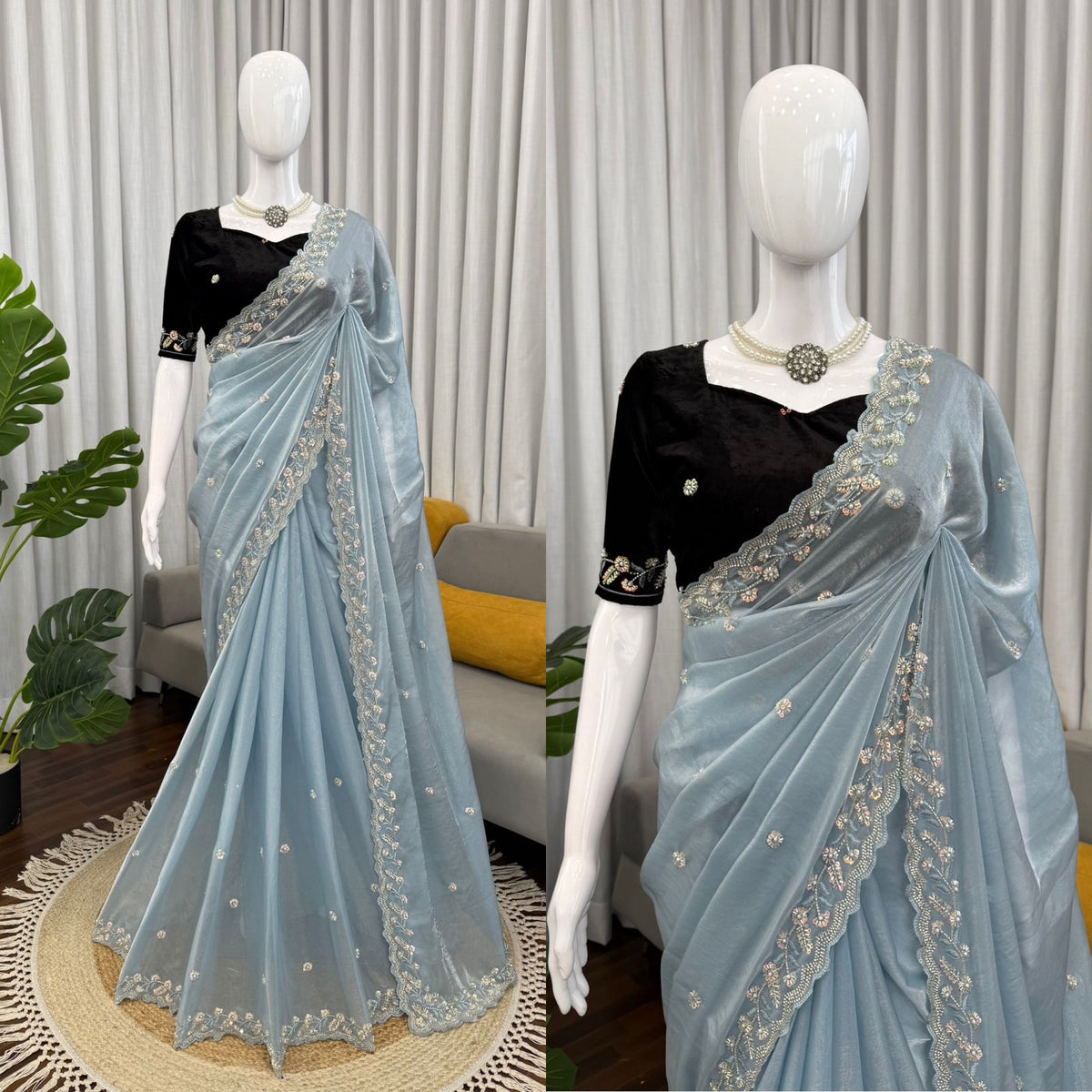 Fendy Silk Beaded Saree with Thread & Sequin Work and Velvet Blouse