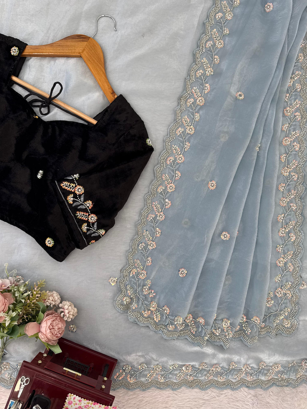 Fendy Silk Beaded Saree with Thread & Sequin Work and Velvet Blouse