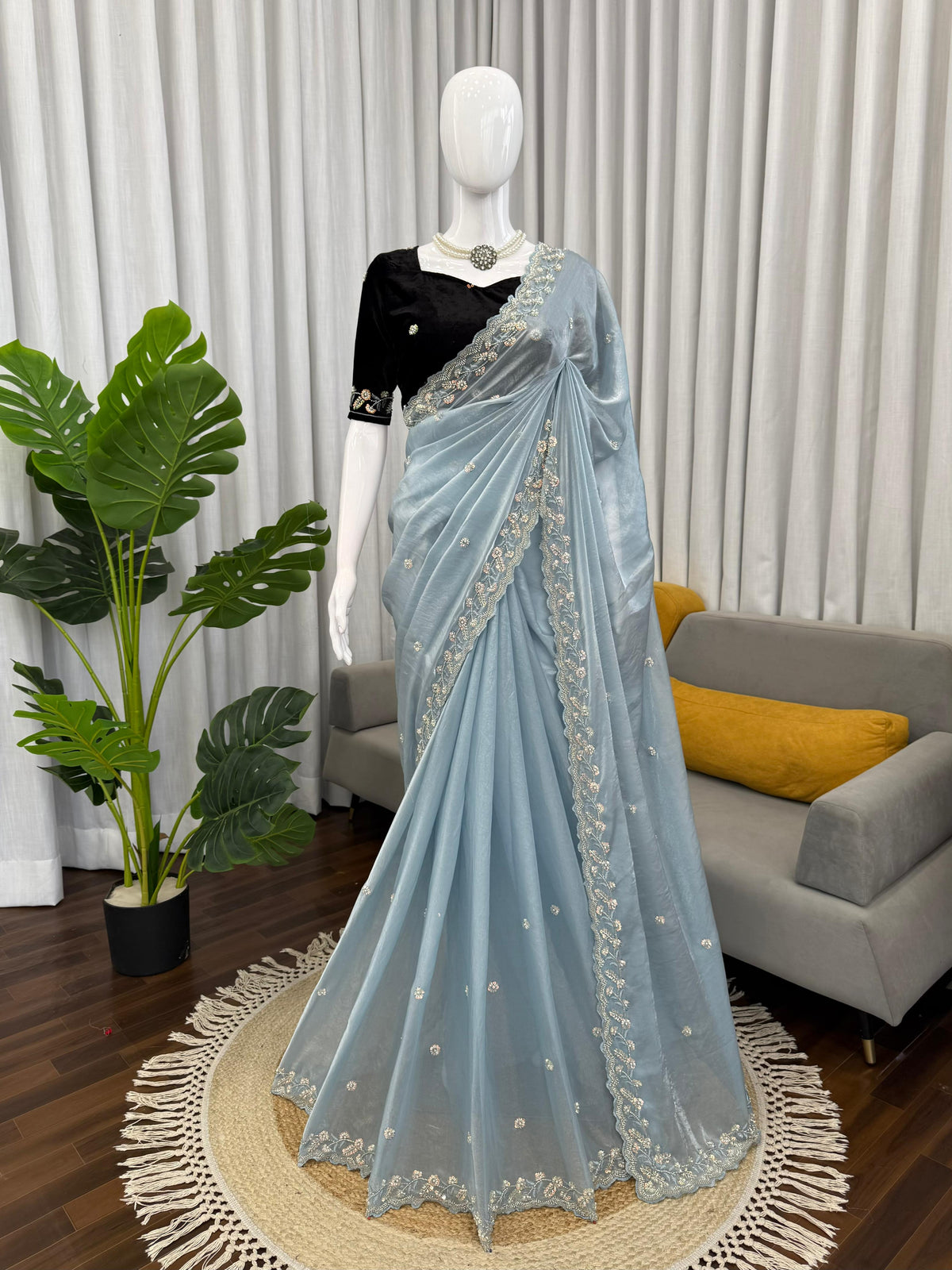 Fendy Silk Beaded Saree with Thread & Sequin Work and Velvet Blouse