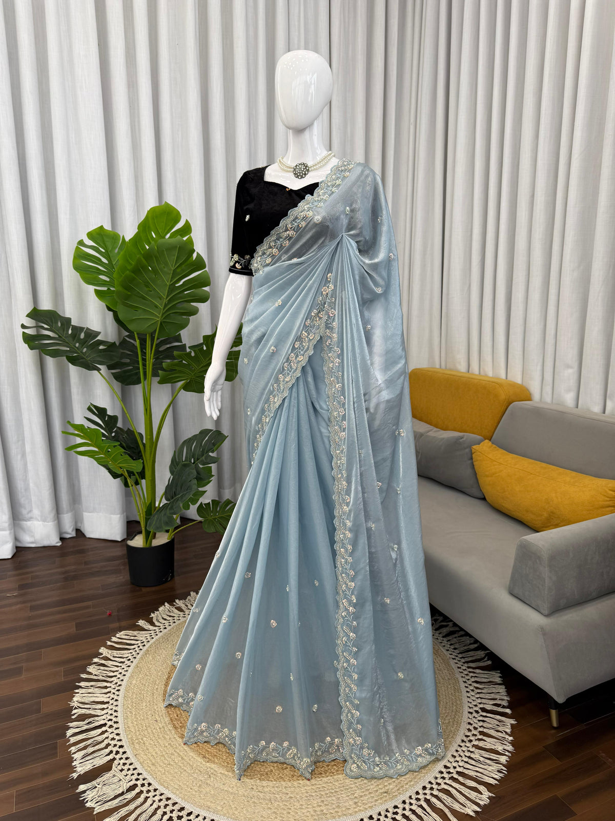 Fendy Silk Beaded Saree with Thread & Sequin Work and Velvet Blouse