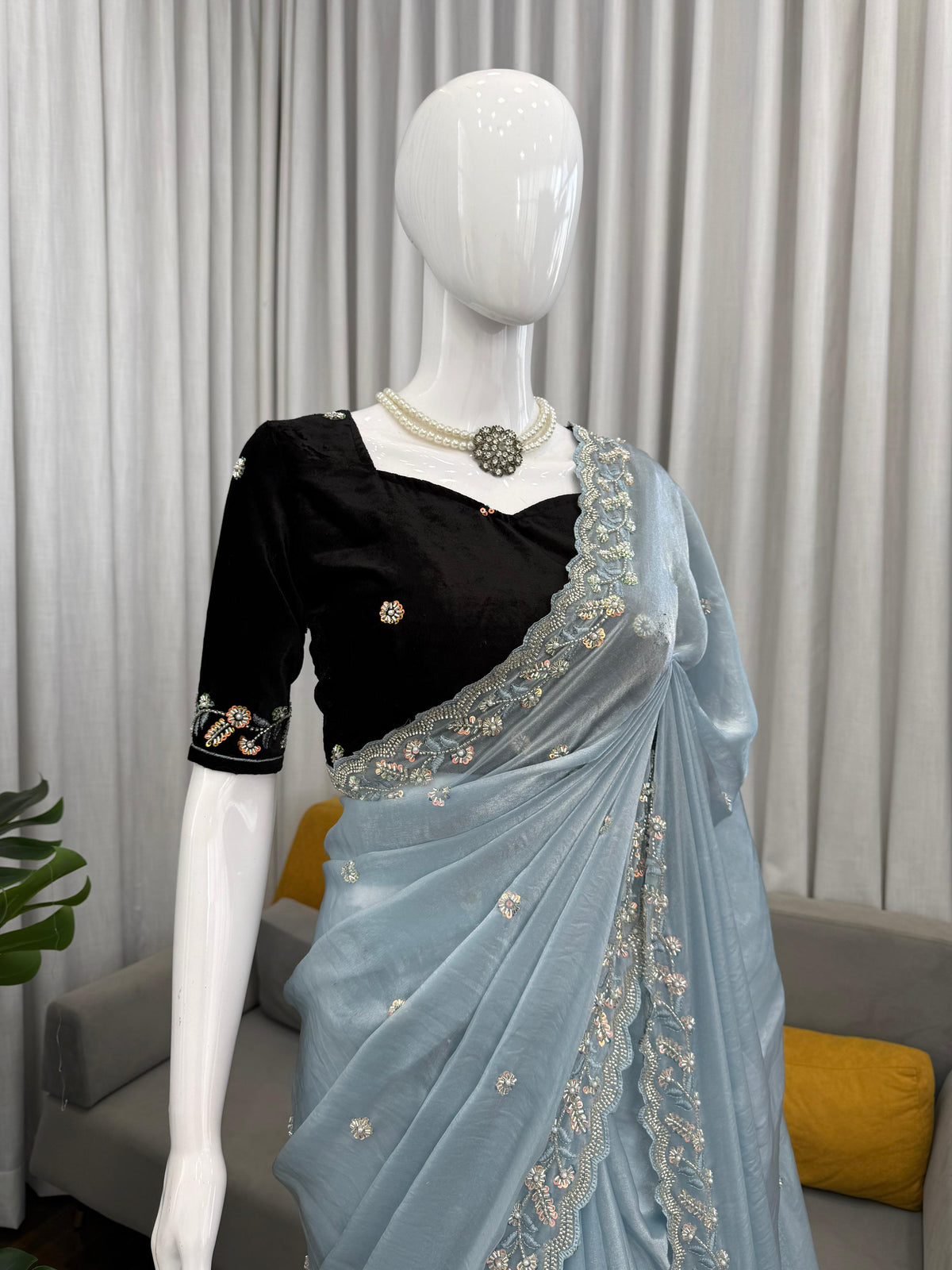 Fendy Silk Beaded Saree with Thread & Sequin Work and Velvet Blouse