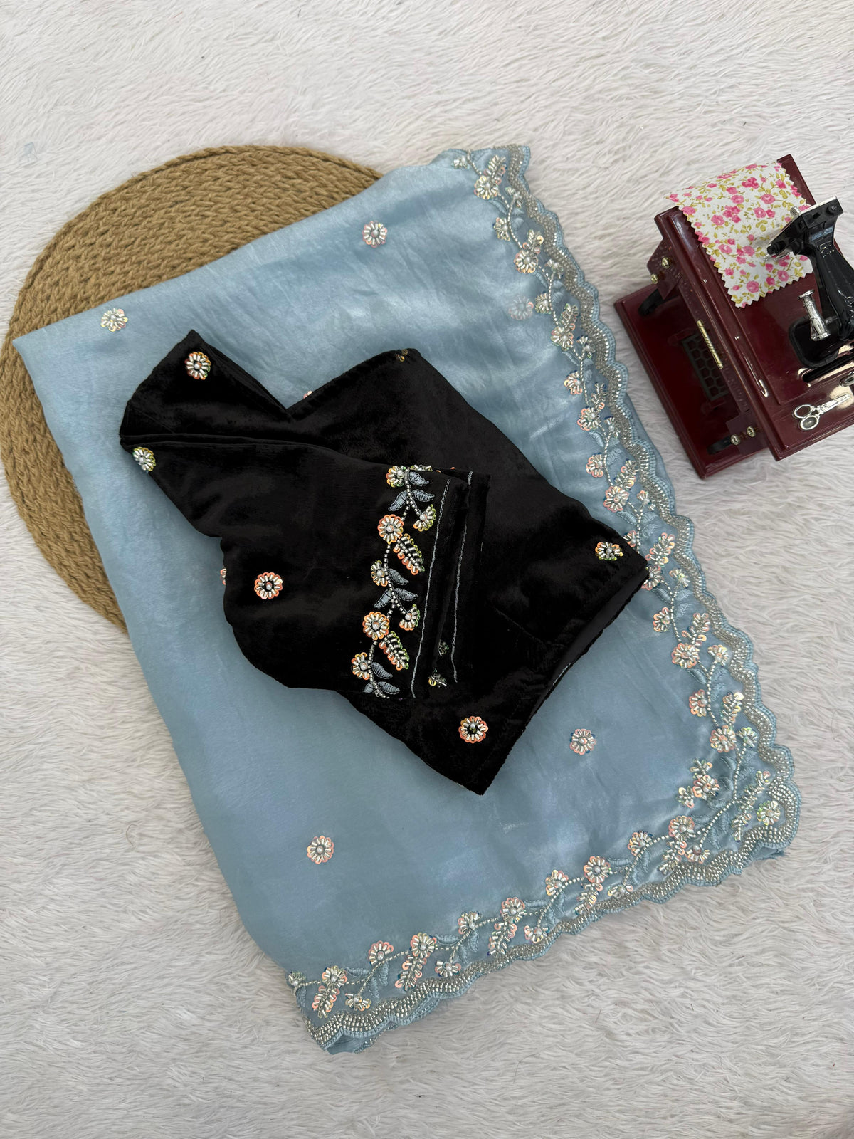 Fendy Silk Beaded Saree with Thread & Sequin Work and Velvet Blouse