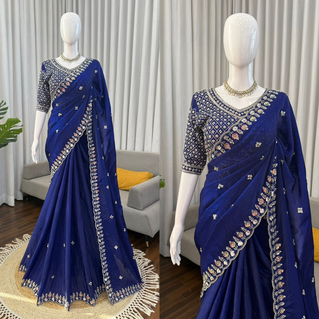 Fendy Silk Saree with Heavy Beads, Thread & Sequin Work  Front & Back Blouse