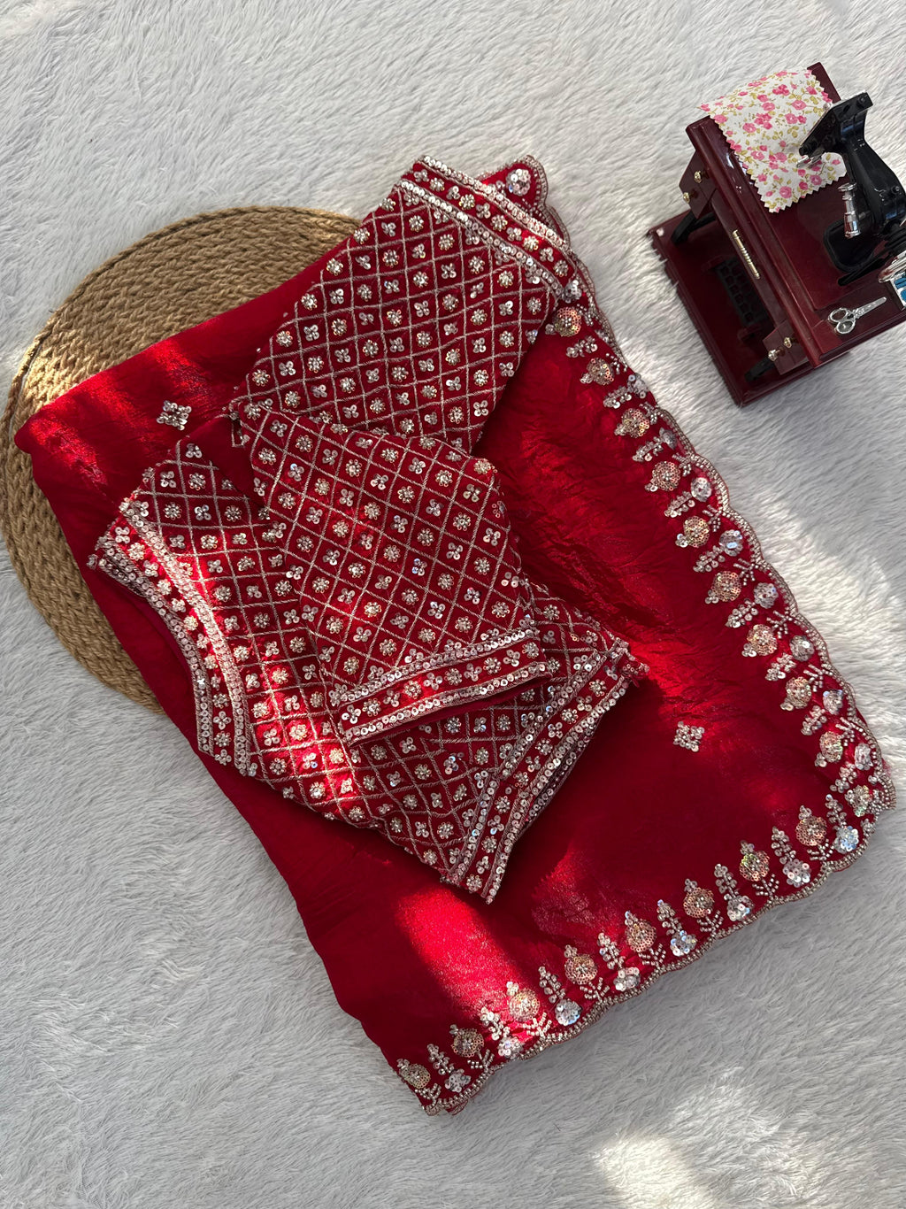 Fendy Silk Saree with Heavy Beads, Thread & Sequin Work  Front & Back Blouse