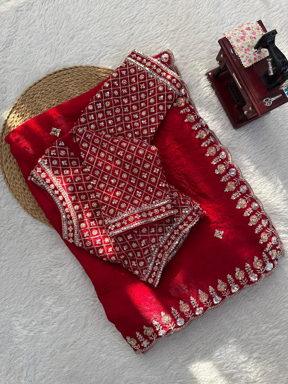 Fendy Silk Saree with Heavy Beads, Thread & Sequin Work  Front & Back Blouse