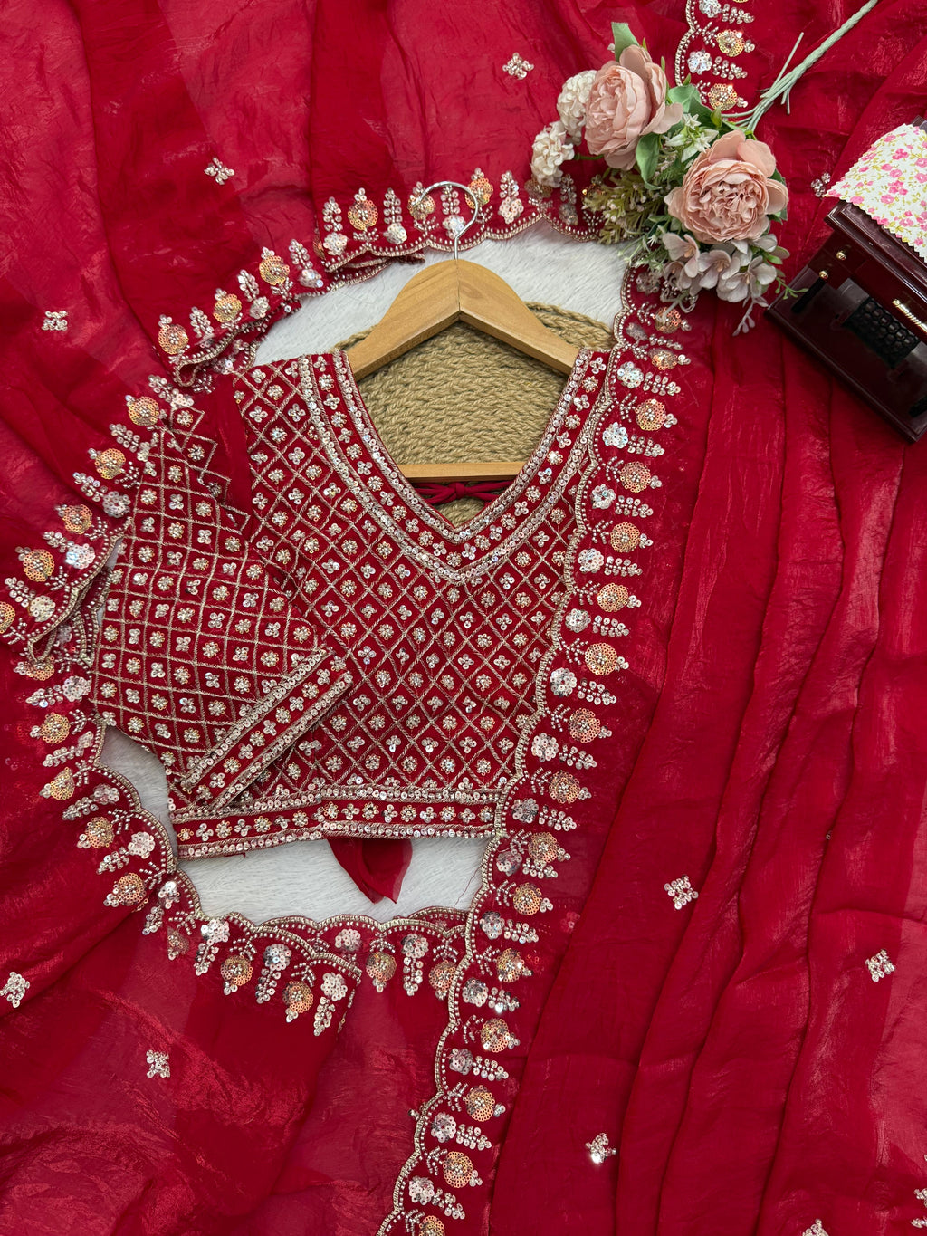 Fendy Silk Saree with Heavy Beads, Thread & Sequin Work  Front & Back Blouse