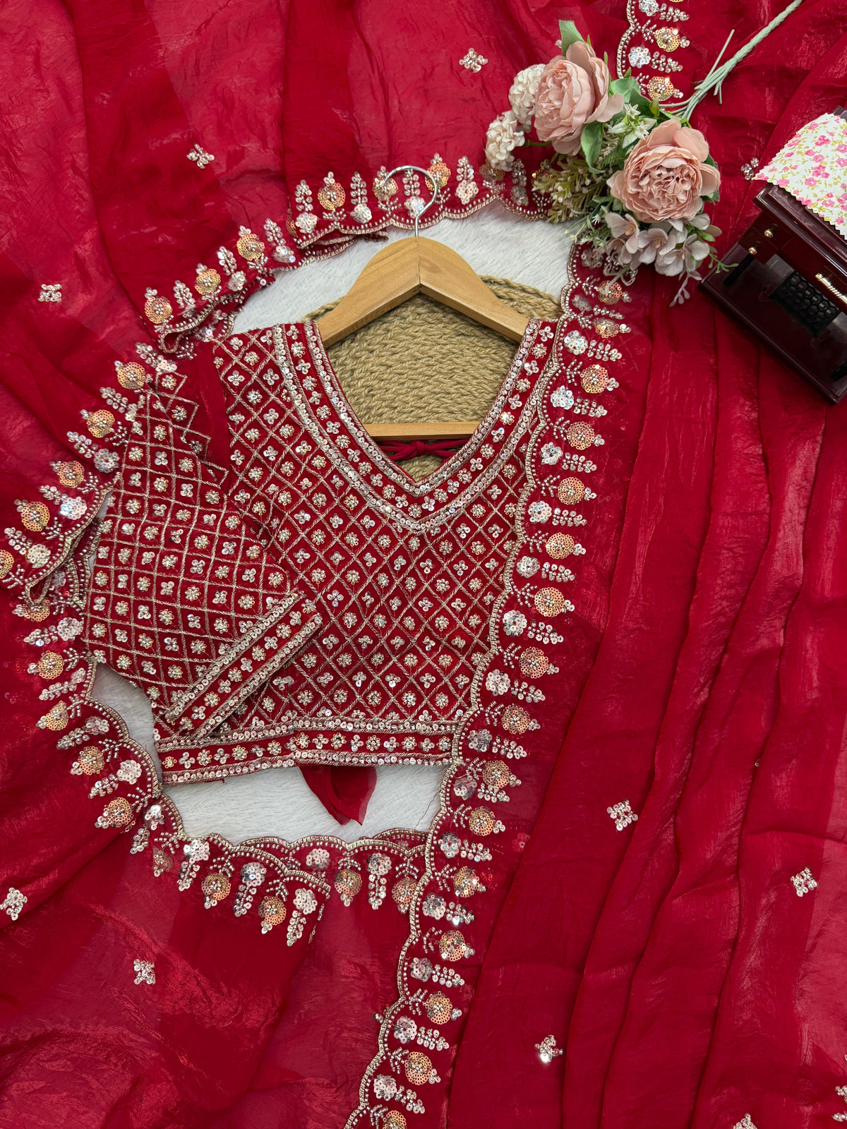 Fendy Silk Saree with Heavy Beads, Thread & Sequin Work  Front & Back Blouse
