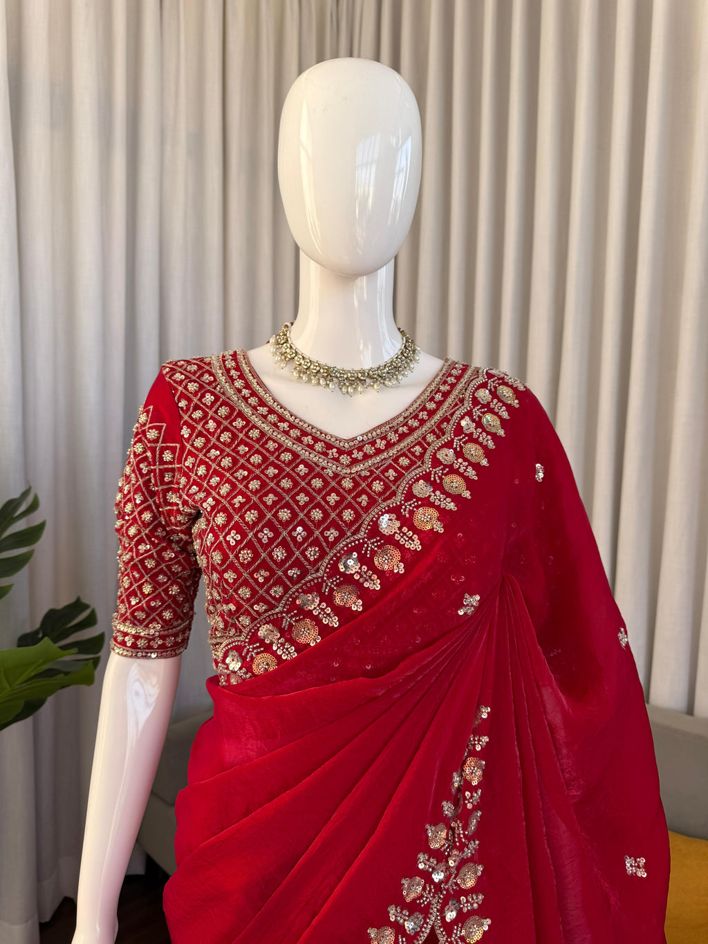 Fendy Silk Saree with Heavy Beads, Thread & Sequin Work  Front & Back Blouse