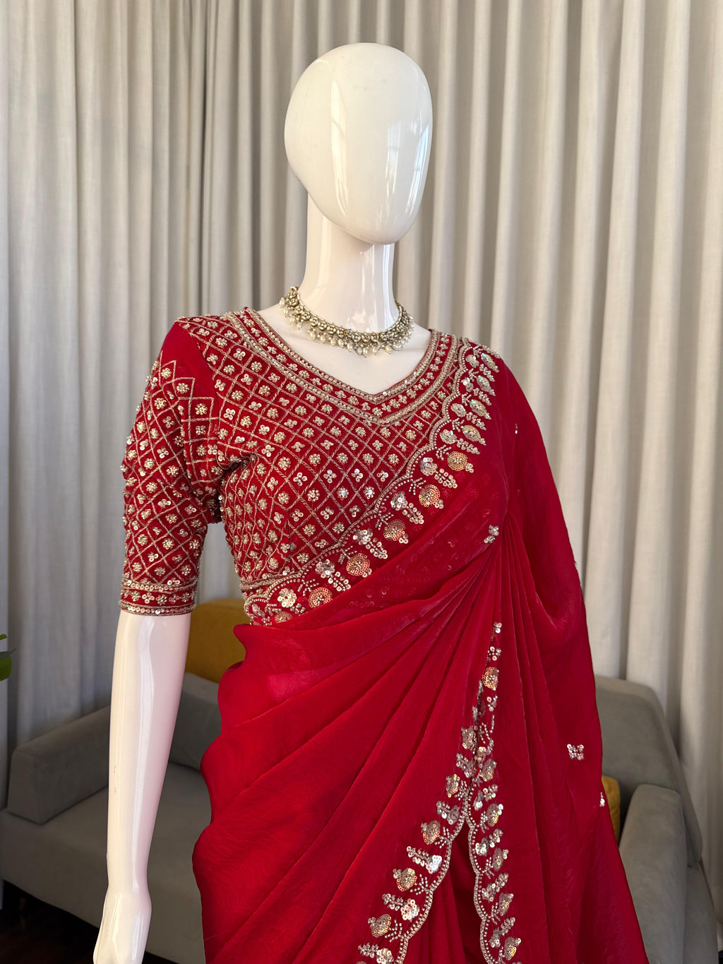 Fendy Silk Saree with Heavy Beads, Thread & Sequin Work  Front & Back Blouse