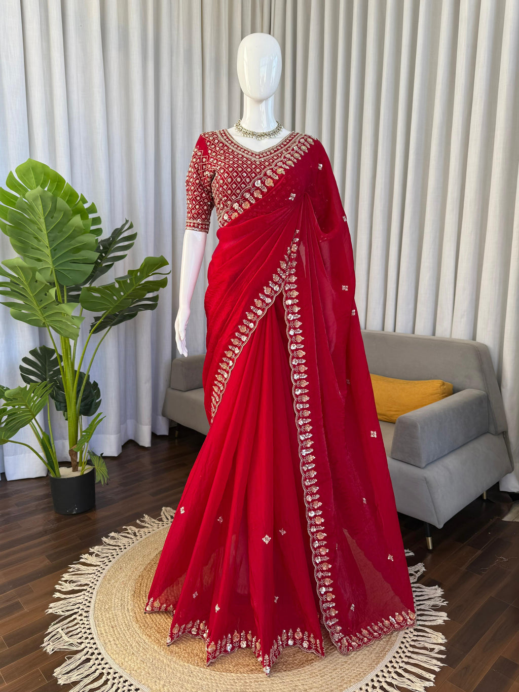 Fendy Silk Saree with Heavy Beads, Thread & Sequin Work  Front & Back Blouse
